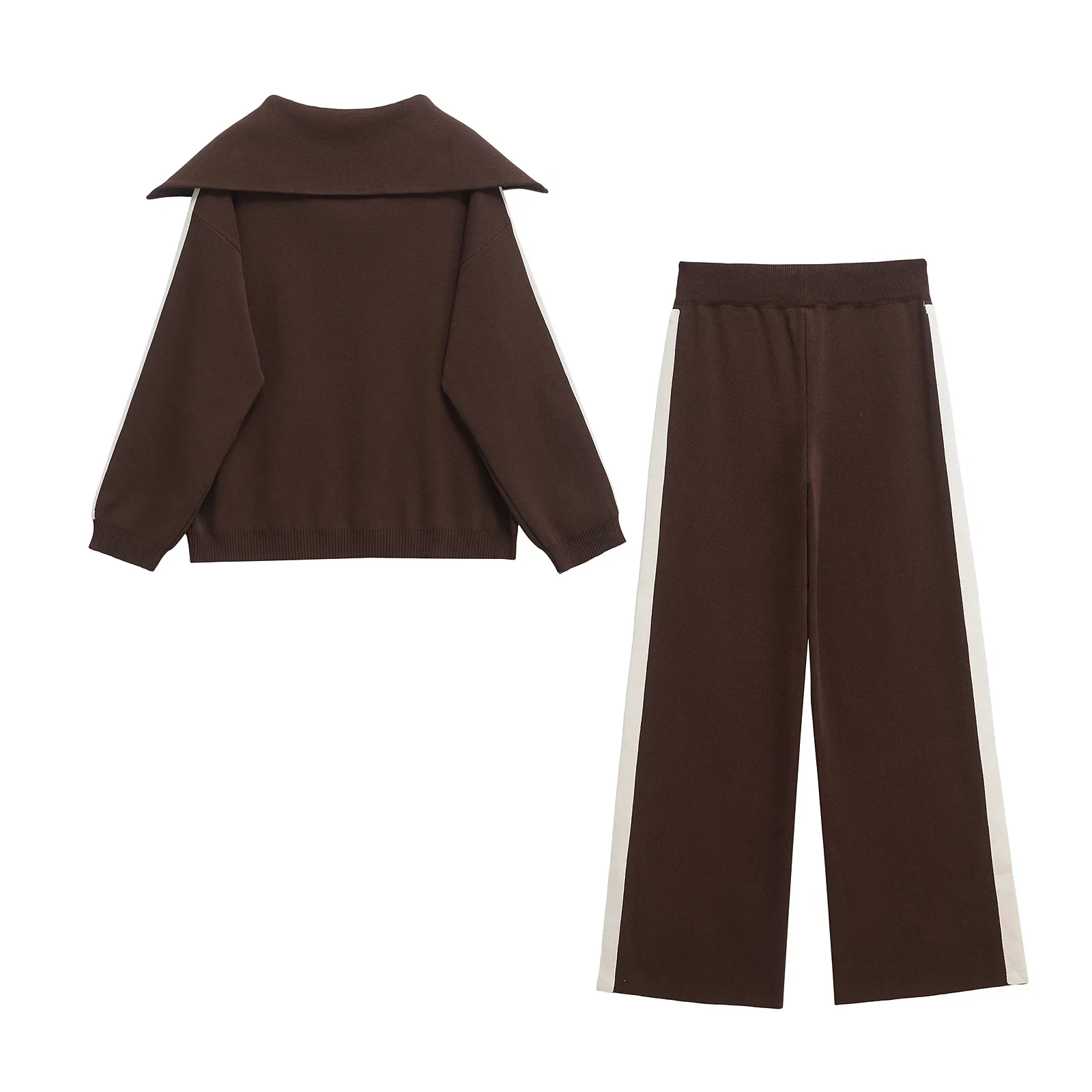 Spring Elegant Women's Sets Solid Hooded Zipper Knit Sweatshirt Loose Long Drawstring Trousers Sets 9598115
