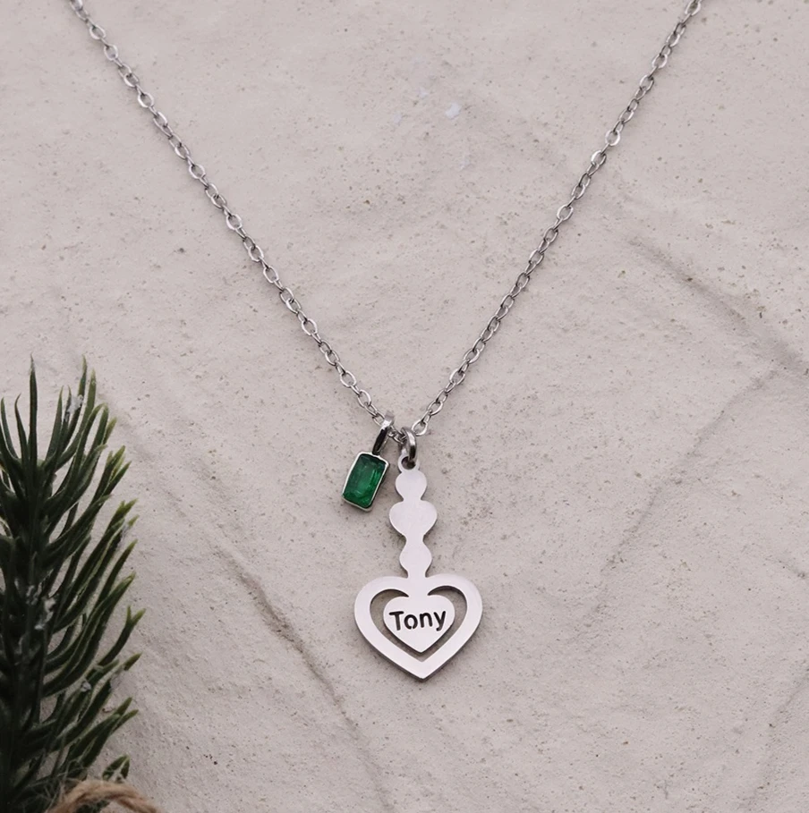 Trendy Double Heart Custom Name Necklace for Women Girls Stainless Steel Clavicle Choker with Green Zircon Tarnish Free Jewelry