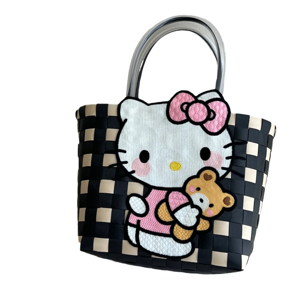 Olá Kitty Woven Cartoon Handbag, Bolsa de mão infantil, presente do estudante, sacola de compras