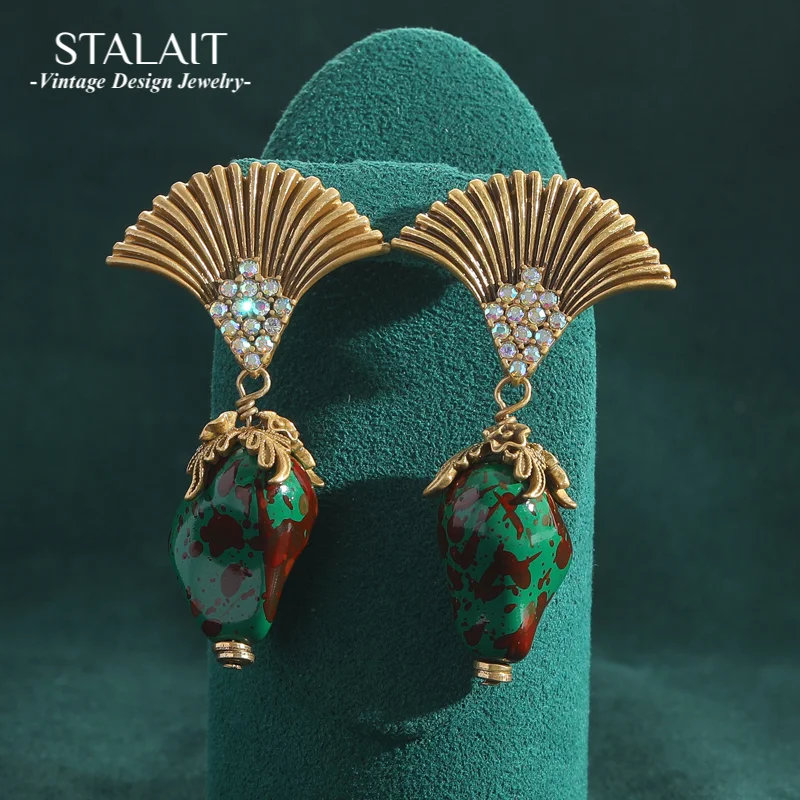 

Baroque Green Glass Stone Handmade Beaded Dangle Earrings Fan Inlaid Color Cubic Zircon Vintage Jwellery for Girls Pendientes