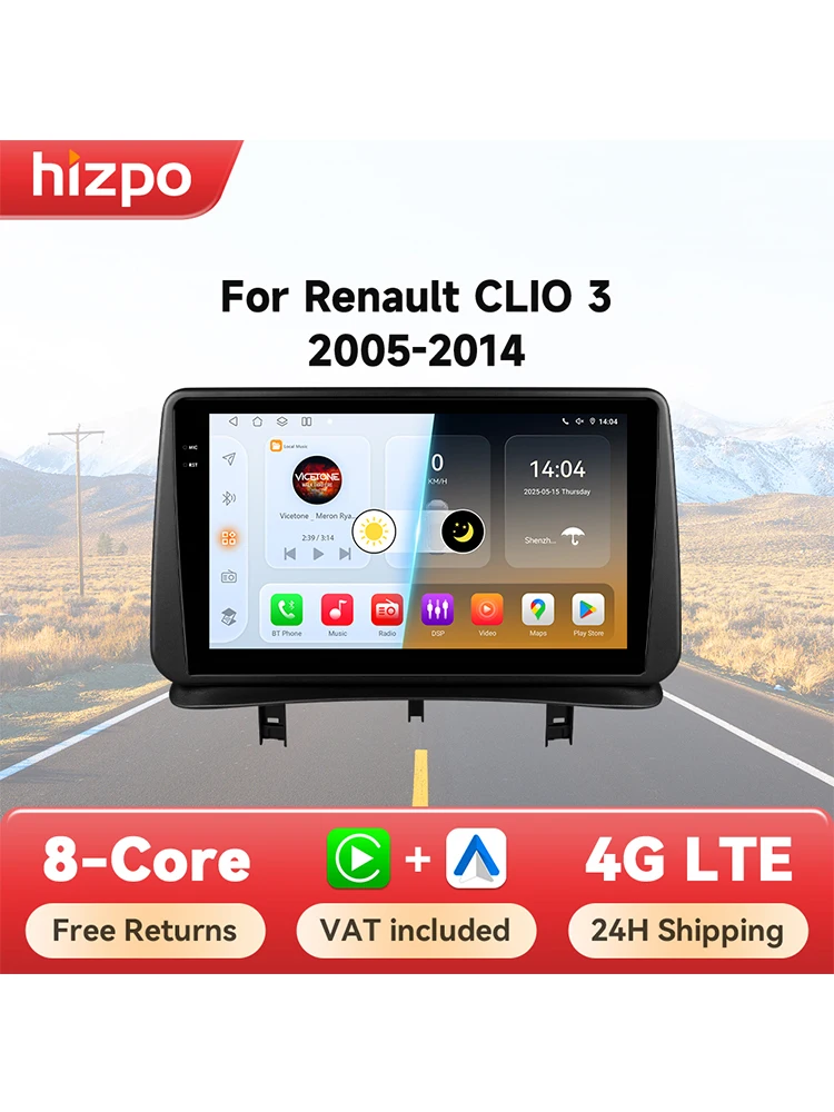 Hizpo Autoradio Autoradio für Renault Clio 3 2005 2006 2007–2014 Multimedia-Player Drahtloses CarPlay Android Auto Stereo GPS 4G