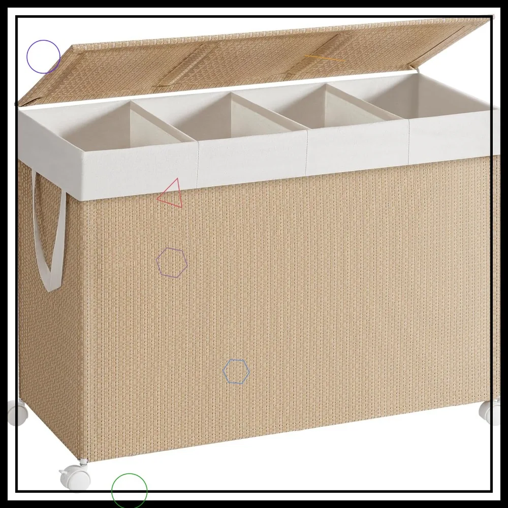 

Большая корзина для белья на колесиках с 4 отделениями, объемом 180 л, с крышкой, натуральный бежевый цвет