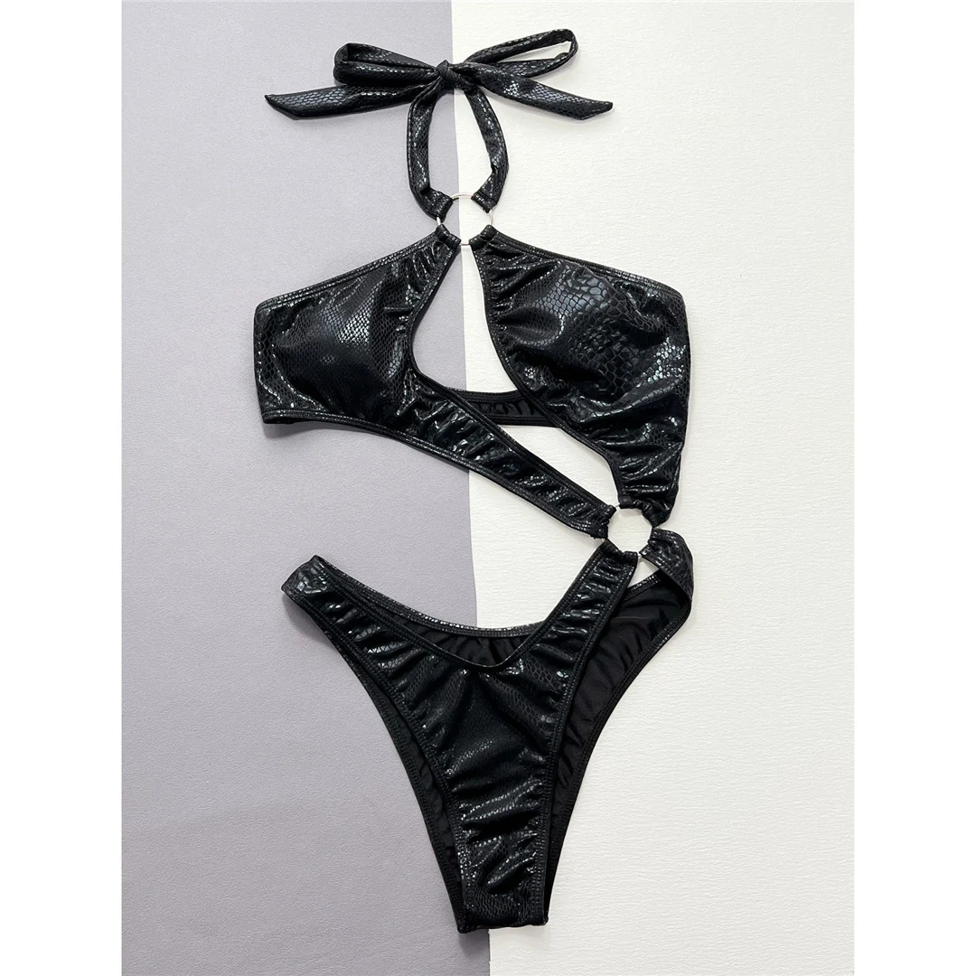 Hochgeschnittener Monokini, schwarzer, glänzender Badeanzug, Damen, Schlangenhautmuster, asymmetrischer Schnitt, einteiliger Badeanzug, Damen-Badebekleidung, Badeanzug V5672 – Detail 9