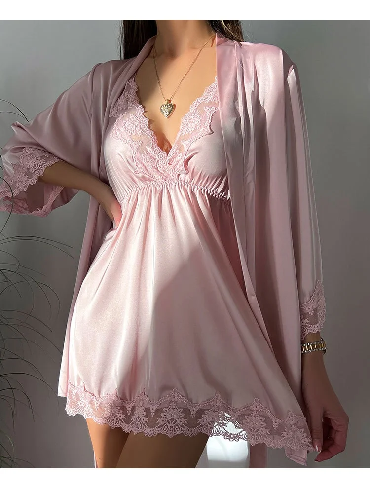 Lace satin embroidery deep V seductive pure-sexual plunging nightgown with belt outer robe, women's home wear set
