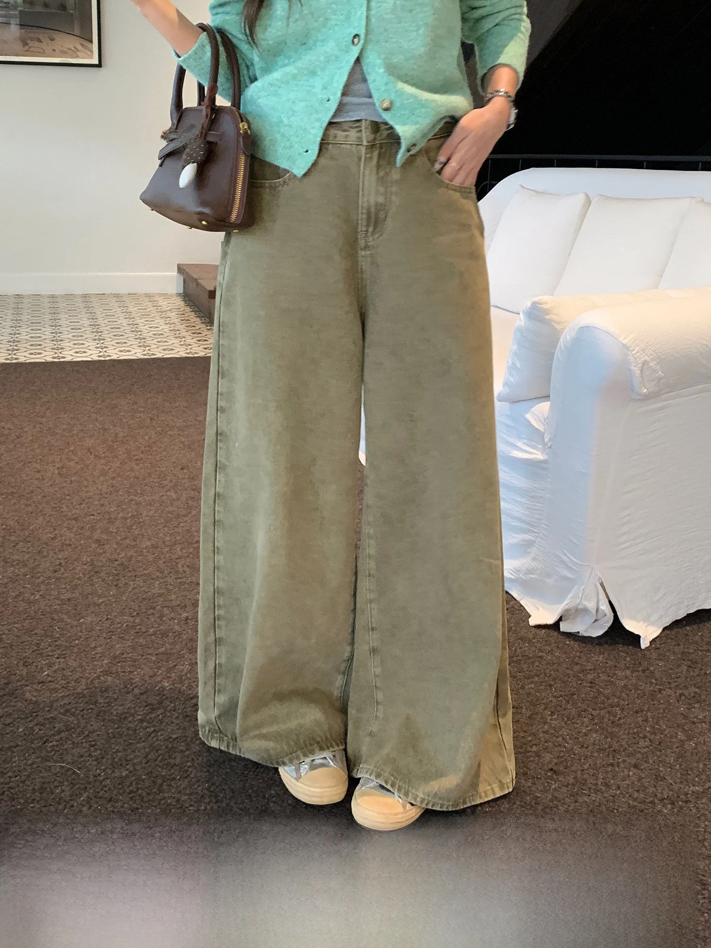 

Американские ретро-джинсы из денима для женщин: свободные, прямые, с высокой талией, длиной в пол, осенние, повседневные, однотонные