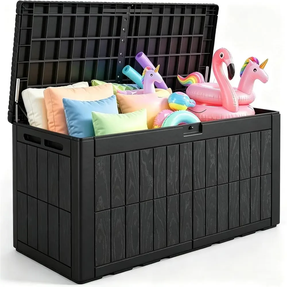 Large 120 Gallon Deck Storage Box, Weather-Resistant Outdoor Bench with Lockable UV-Protected Container, Ideal for Garden and Pa