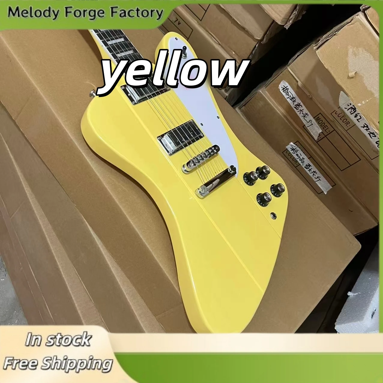 

Электрогитара Milk Yellow Bird с бриджем Tune-o-matic, корпусом из красного дерева, грифом из палисандра и двойными звукоснимателями.