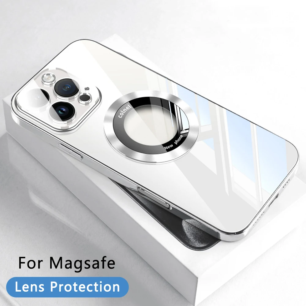 Luxury Logo Magnet Case For Magsafe Iphone 16 15 14 Plus 13 11 12 Pro Max Plating Magnifying Clear Cover Camera Film Protection