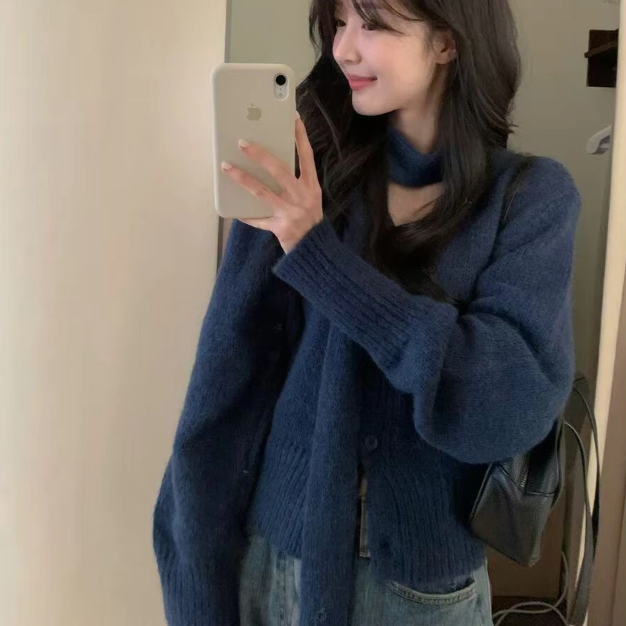 

Простые комплекты, женские кардиганы с v-образным вырезом, уличная одежда, универсальный вязаный корейский шикарный однотонный шарф, зимний теплый винтажный шарф для молодых девушек