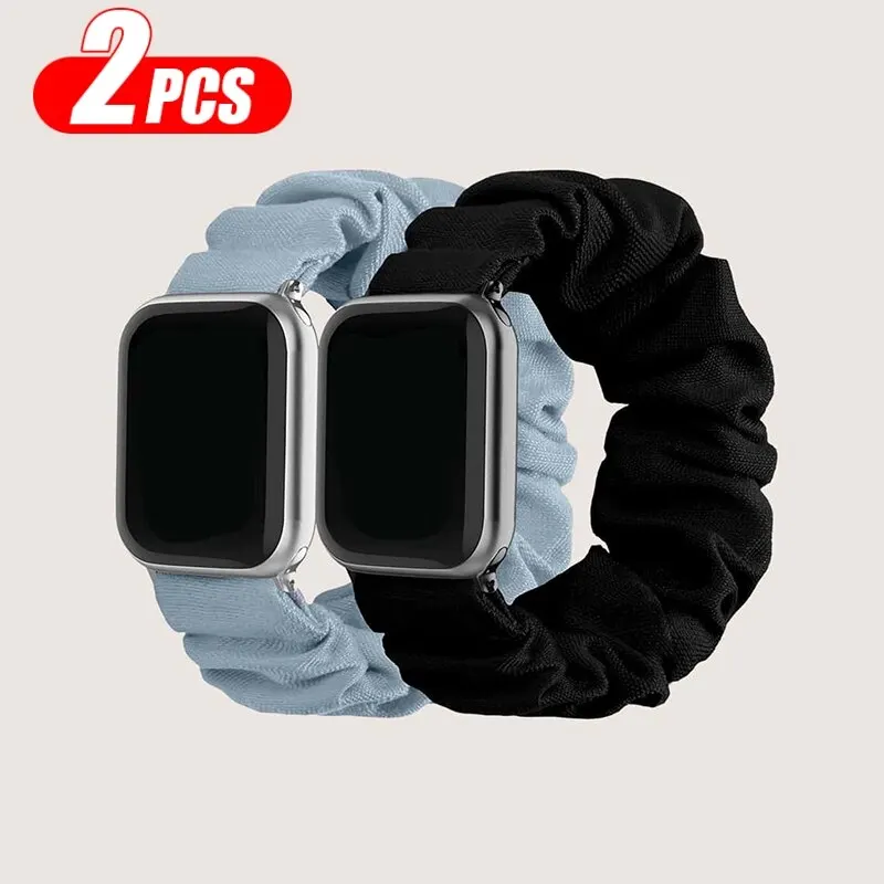 2pcs Scrunchie Design Fabric Watchband for Apple Watch 8 7 SE 6 5 4 3 2 1 Elastic Solo Loop Strap for IWatch 40mm 42mm 44mm 45mm