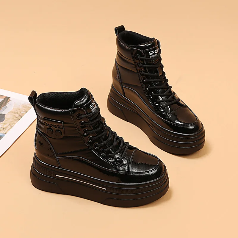 Fujin 8cm Genuine Lesther Autumn Winter Motorcy Ankle Boots Cross Tied Keep Warm Thick Bottom Lace Up Comfy Plush Spring Shoes