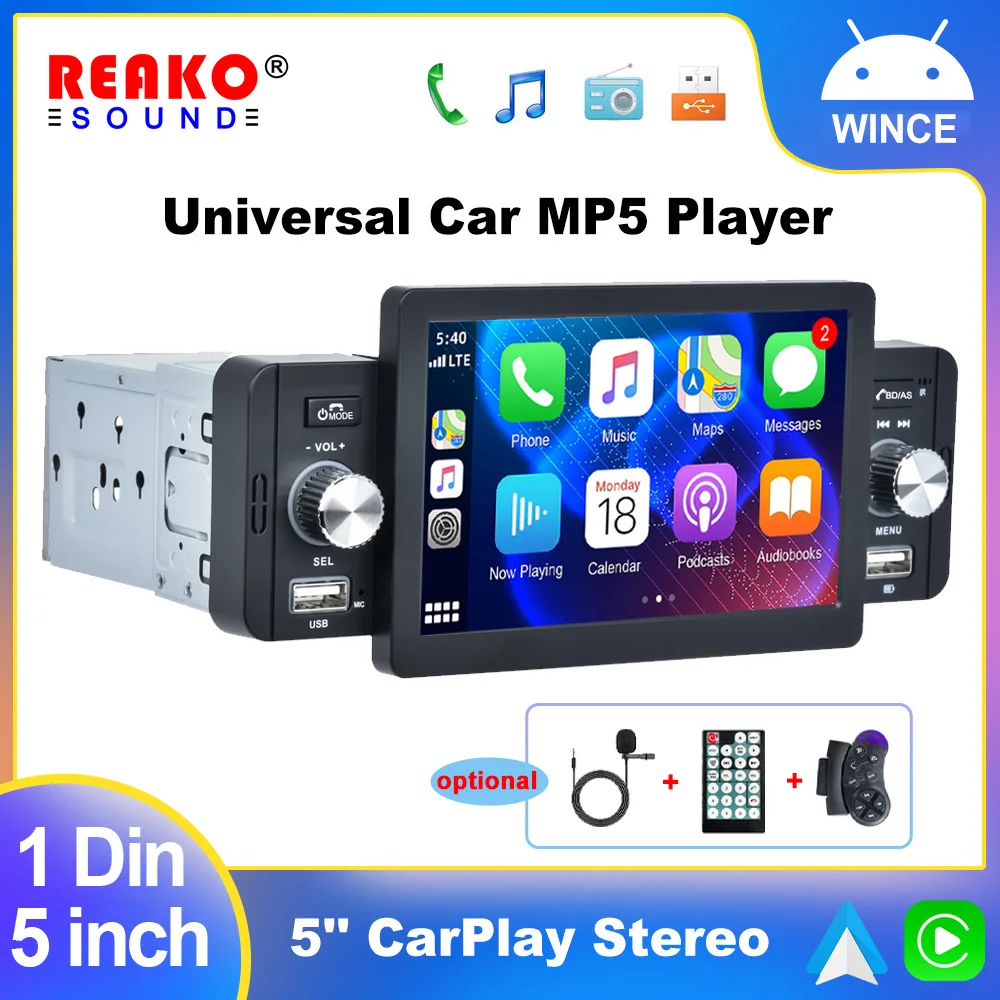 

REAKOSOUND 1Din 5.1" Car MP5 CarPlay Android Auto Radio Multimedia Player Bluetooth MirrorLink Mobile Phone Internet FM Receiver