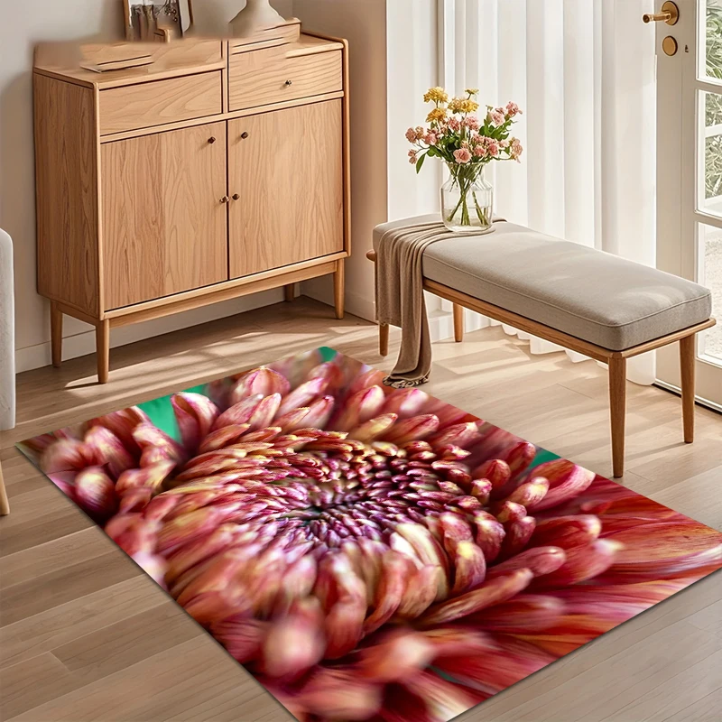 Red Pink Chrysanthemum Floral Area Rug for Living Room Bedroom Vibrant Home Decor Soft Non Slip Washable Floor Mat