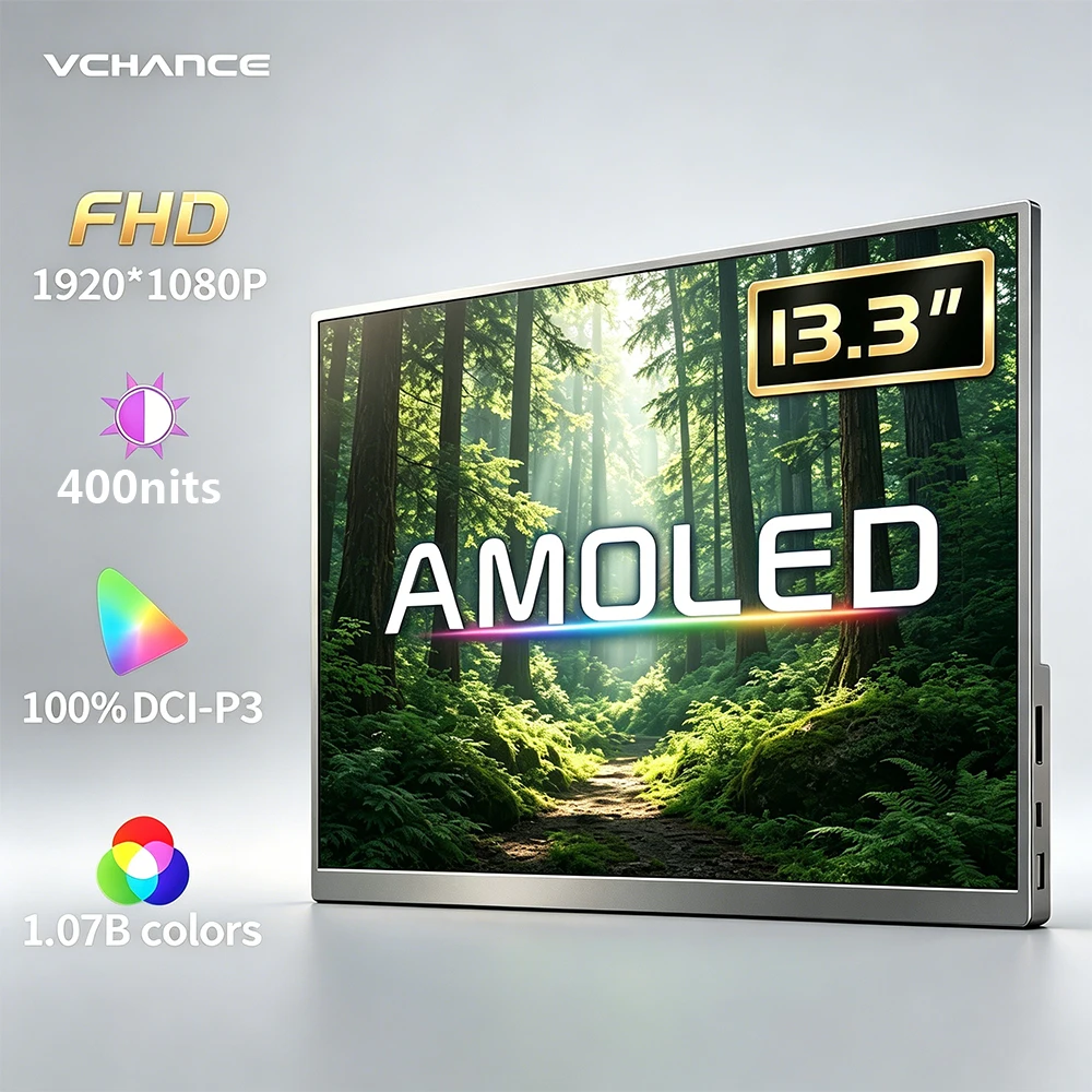 VCHANCE 13.3'' Portable OLED Monitor FHD 1920*1080p 100%DCI-P3 Office Travel AMOLED Display Extender for PC Laptop Mac Phone
