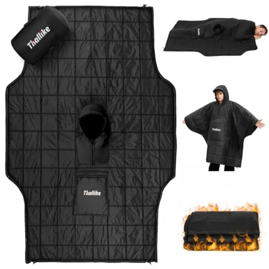 

Camping Blanket with Zipper Pocket 85'' x 61'' Large Wearable Hooded Blanket Ultralight Warm Sleeping Bag Windproof Camping Pon
