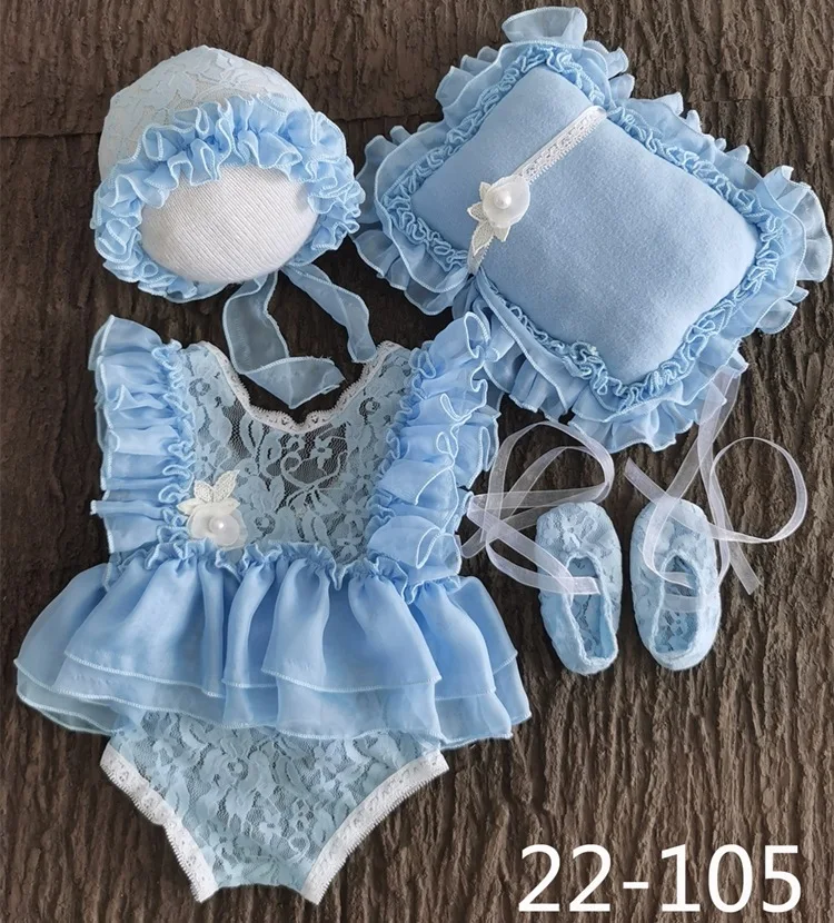 4 szt. Rekwizyty fotograficzne dla nowonarodzonych dziewczynek chłopiec siateczkowy Romper kapelusz buty zdjęcie dziecka koronka stroje w kwiaty