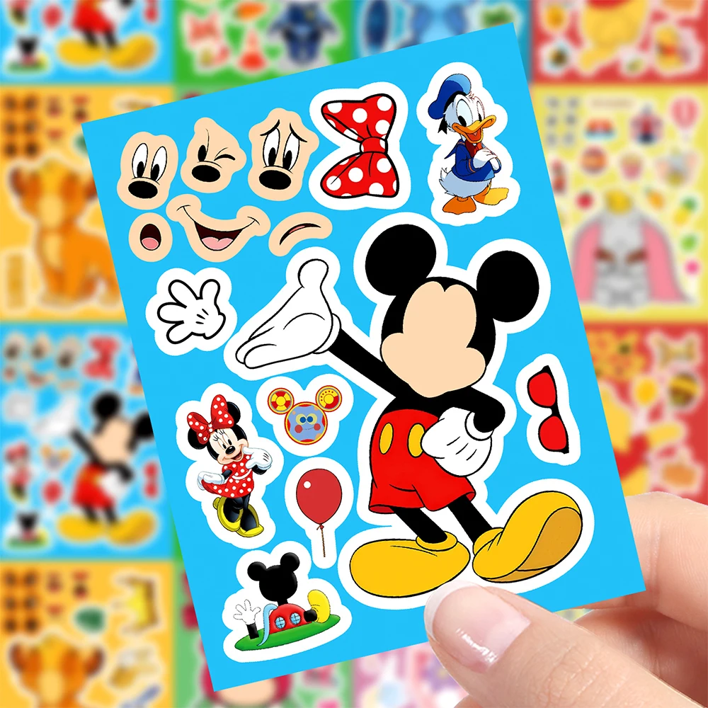 

8/16sheets Disney Make a Face Puzzle Stickers Anime Mickey Mouse Stitch Assemble Jigsaw Sticker Cute Decoration Decals Party Toy