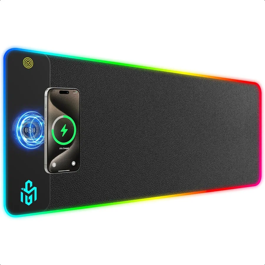 

PU Leather RGB Gaming Mouse Pad with 15W Magnetic Wirel Charging 800x300x4mm LED Mouse Mat 10 Light Modes NonSlip Rubber Base f