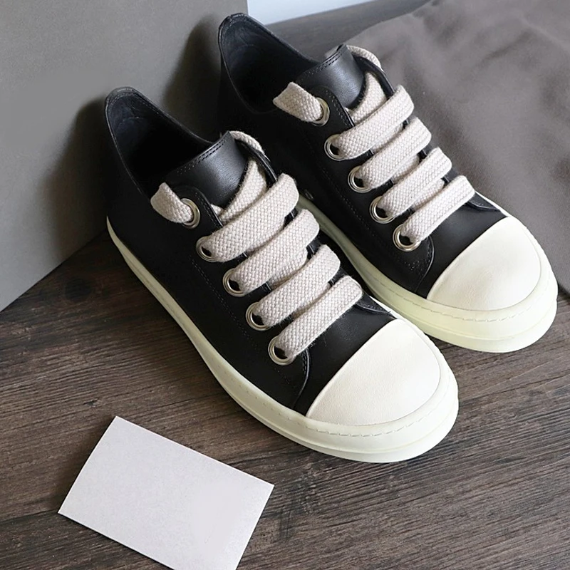 Men's Shoes Genuine Leather Jumbo Shoelace Women's Sneakers Fashion Black Lace-up O-wen Men's Casual Shoes