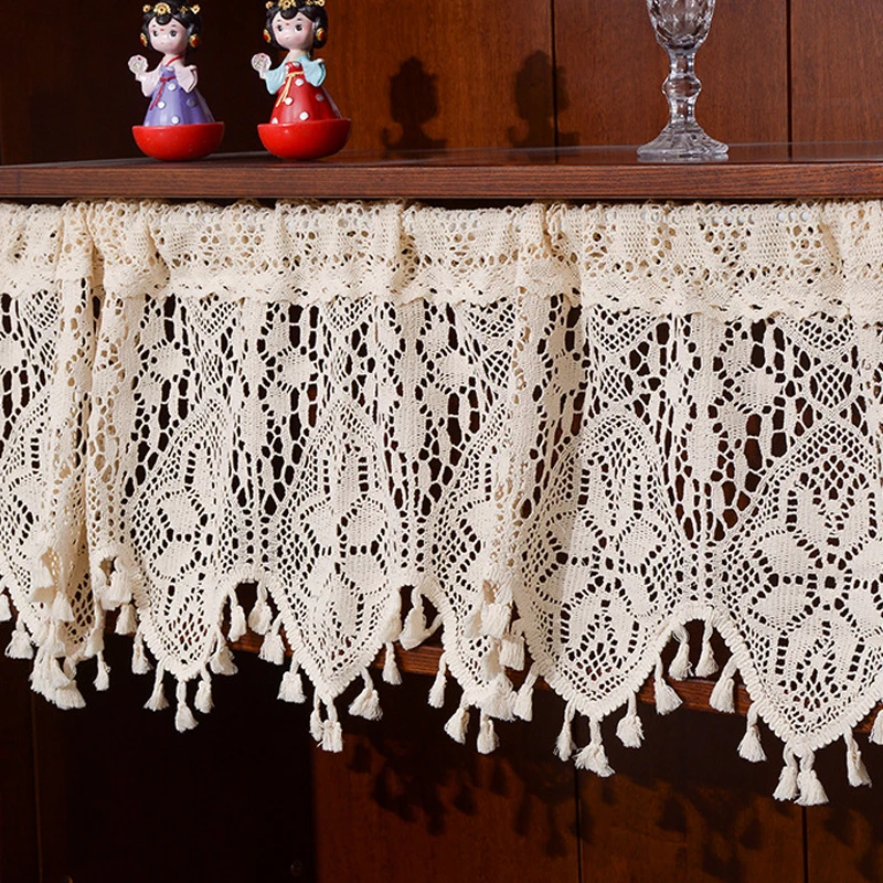 Pastoral Style Curtain with Tassel Vintage Crochet Lace Half Window Curtain Cafe Kitchen Bookcases Cabinet Dust-proof Curtains