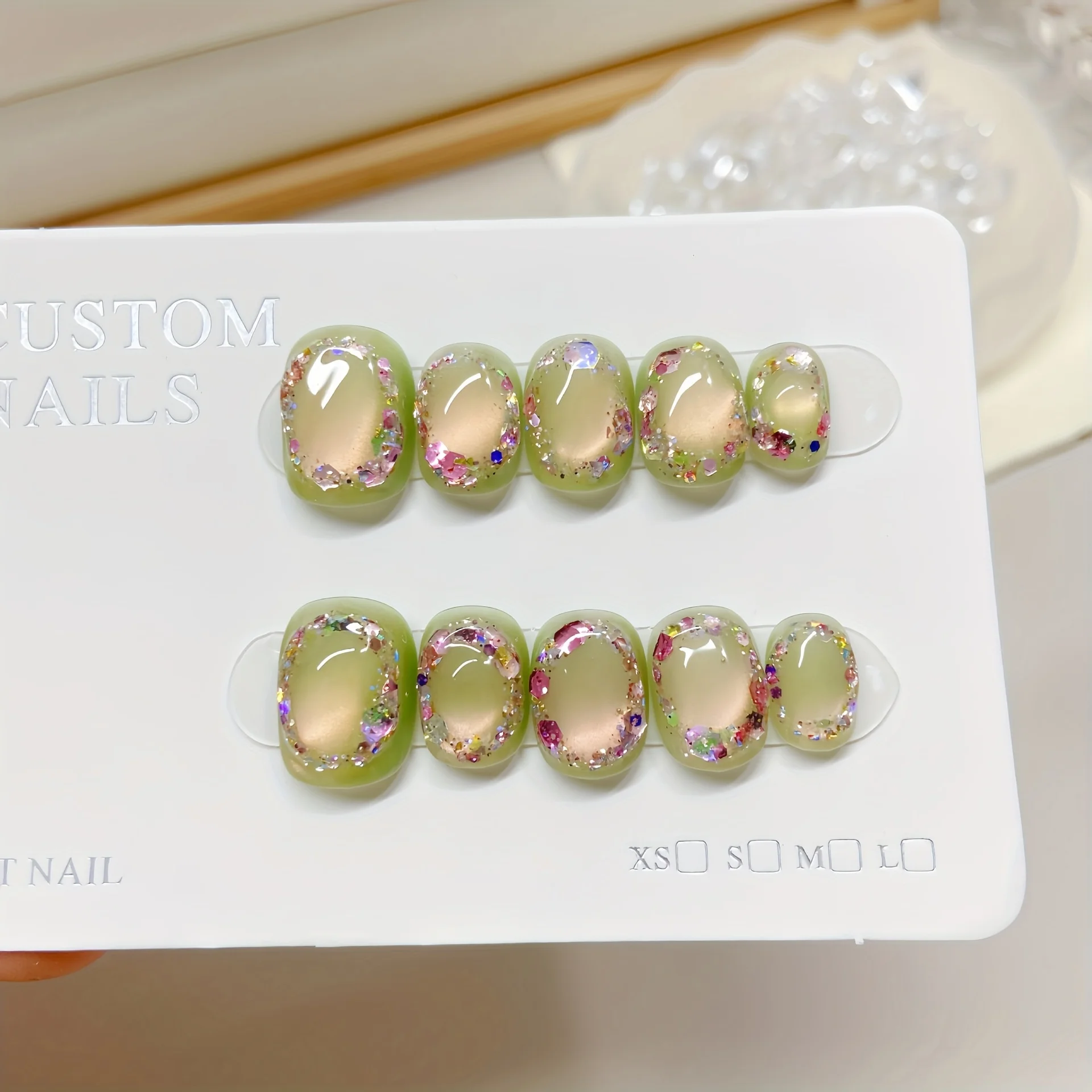 10 pçs artesanal imprensa em unhas olho de gato grinalda glitter unhas falsas escada curta destacável wearable arte do prego para mulher e menina