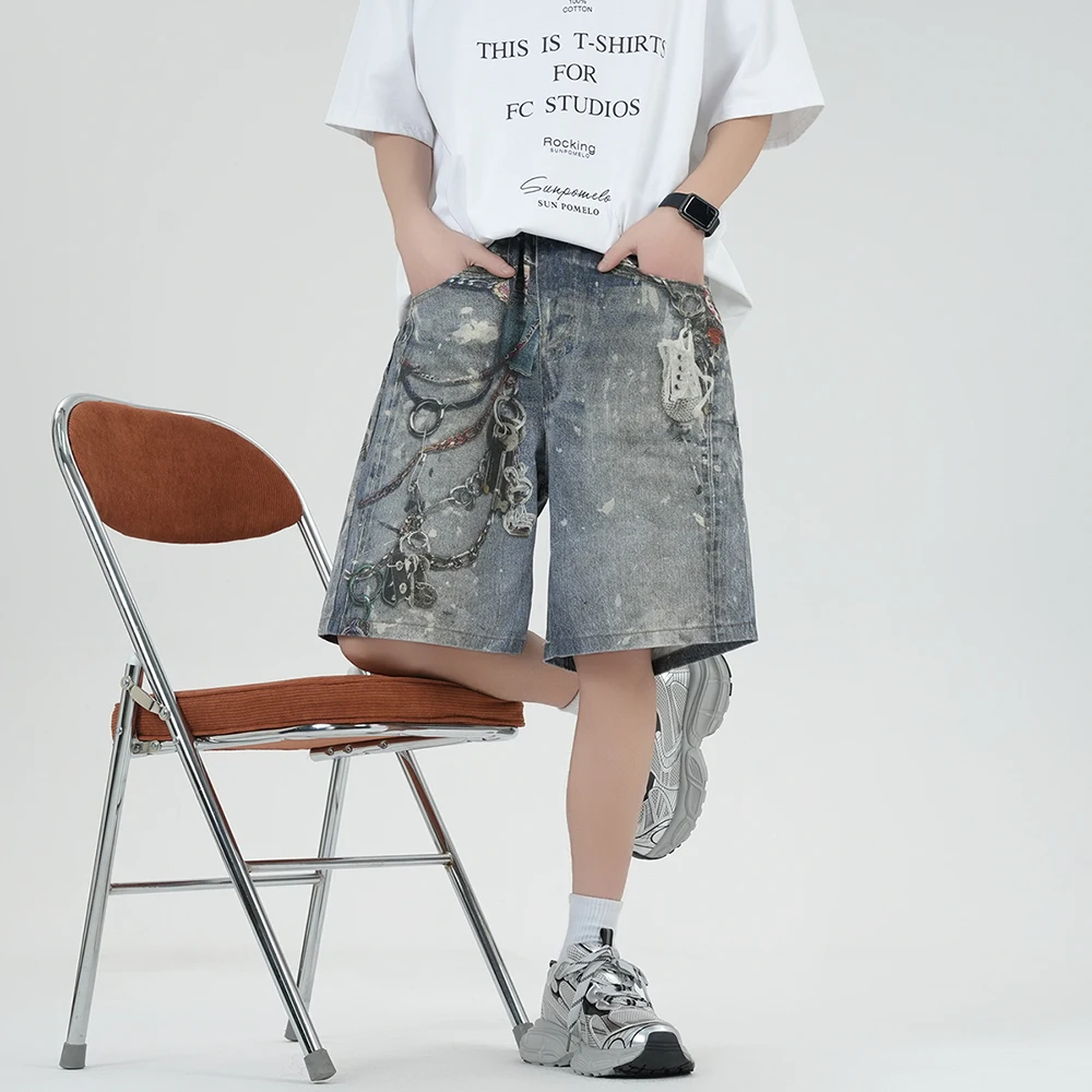 

American Fashion Brand Loose Y2K100% Pure Cotton Denim Shorts, 2026 Summer New Candy Chain Printed Street Hip-hop Shorts