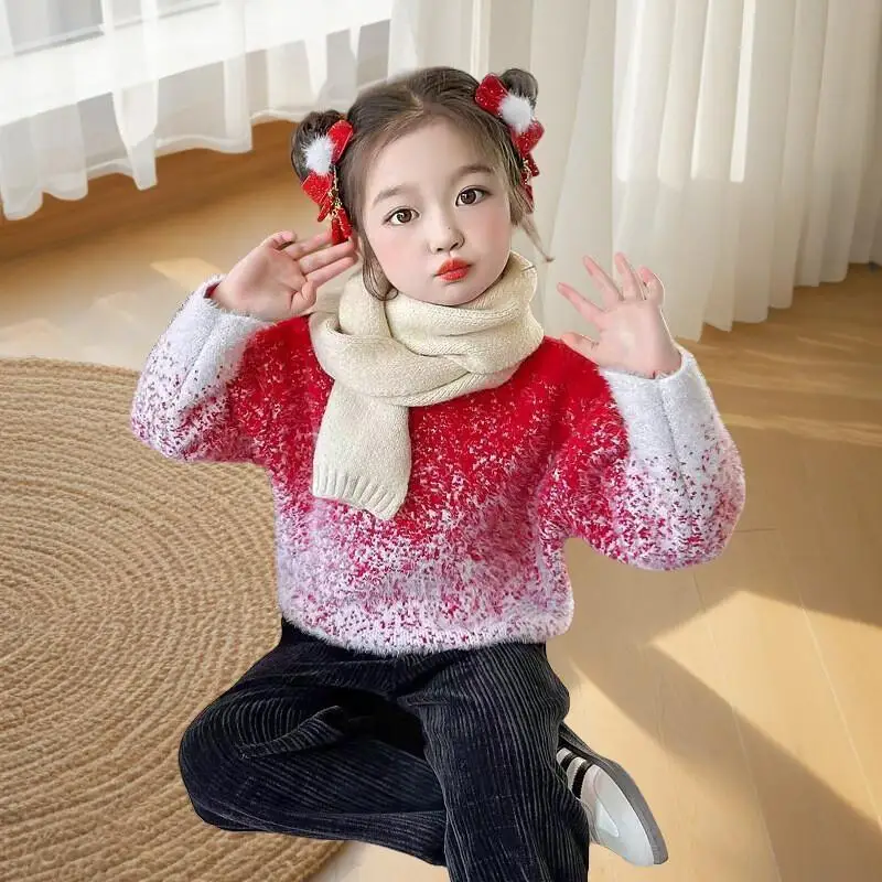Kawaii Casual Coat Tops Fashion Childrens Clothing Girls Gradient Mink Wool Sweater Winter 2025 New Thick Knitted Shirt Stylish