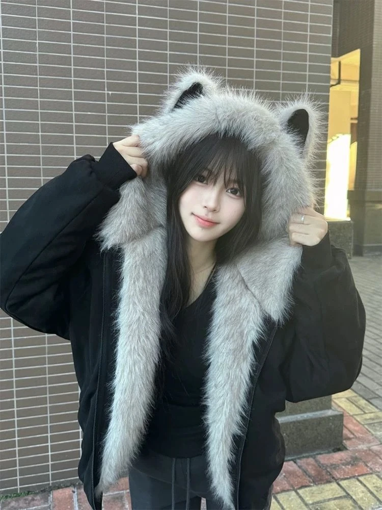 

Harajuku повседневные парки с капюшоном и длинными рукавами, кошачьи уши, элегантный воротник из искусственного меха, женская винтажная куртка Y2k, американская осень 2023 г.