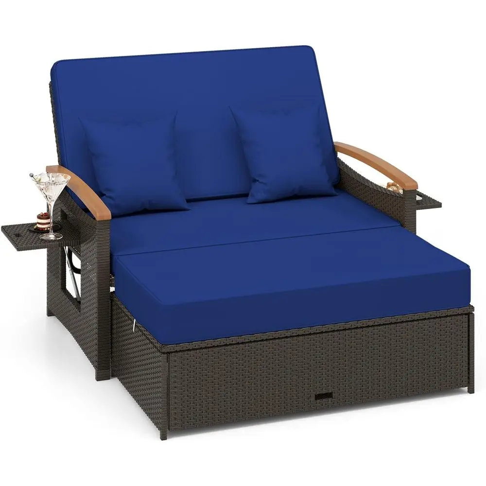 

Уличный диван-кровать из ротанга, двухместный диван с откидными панелями и отсеком для хранения, регулируемая спинка, уютные подушки, шезлонг