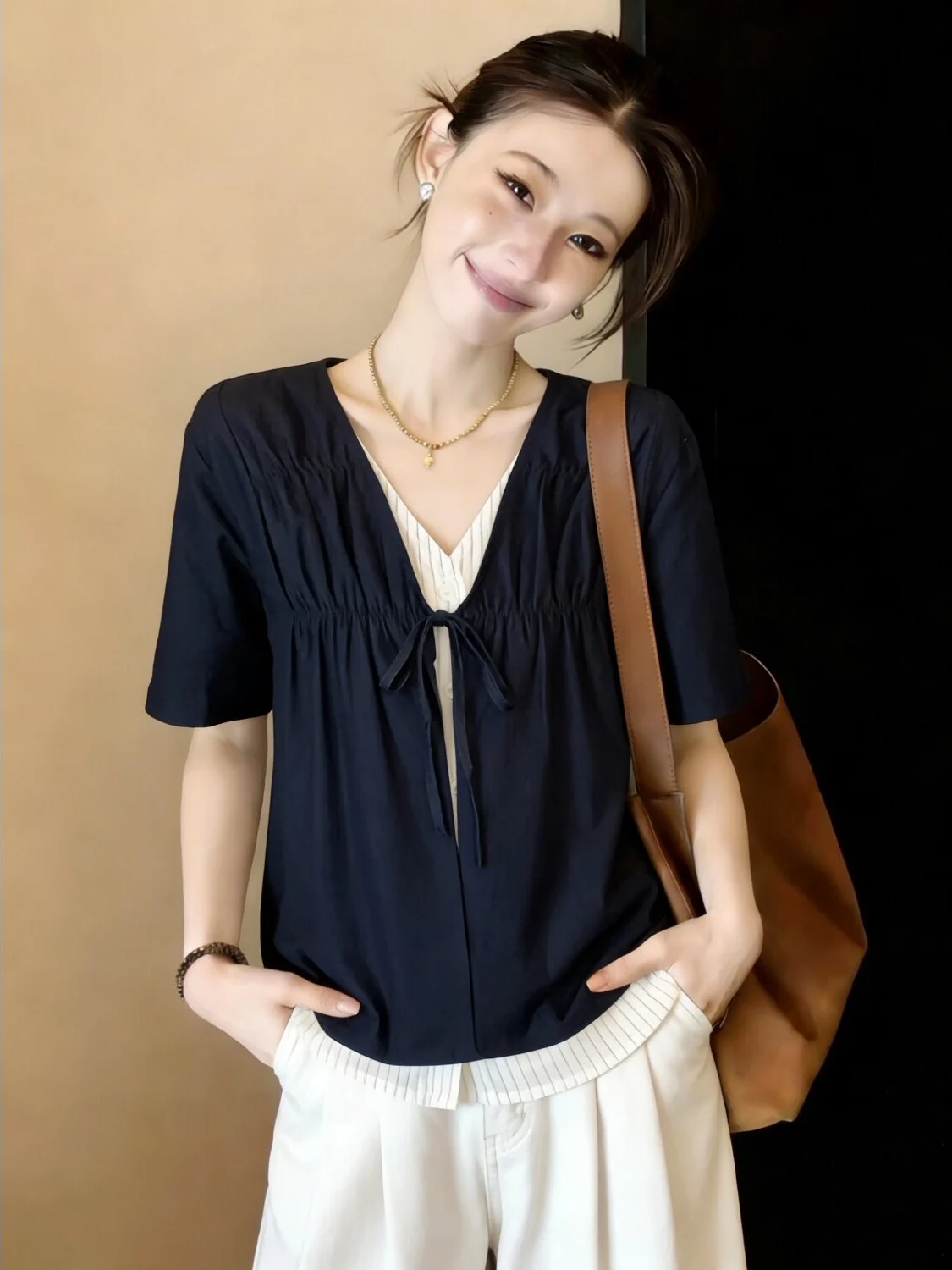 

Blue V-neck Short-sleeved Shirt Women's Summer New plus Size Doll Top Korean Style Loose Fit Commute Fashion Casual Shirt