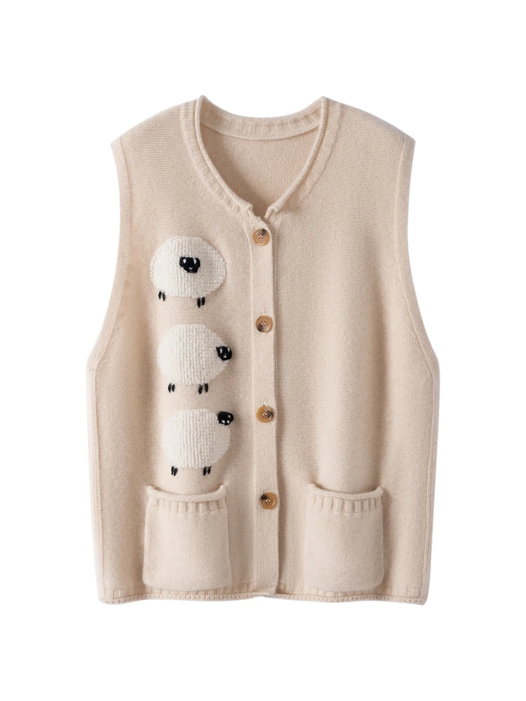 Outono inverno feminino dos desenhos animados bordado colete de malha 100% camisola de caxemira sem mangas colete cardigan macio estilo doce topos