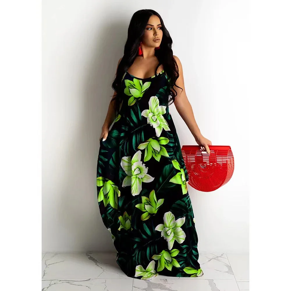 New Women Dress Floral Print Loose Halter Dress Long Skirts
