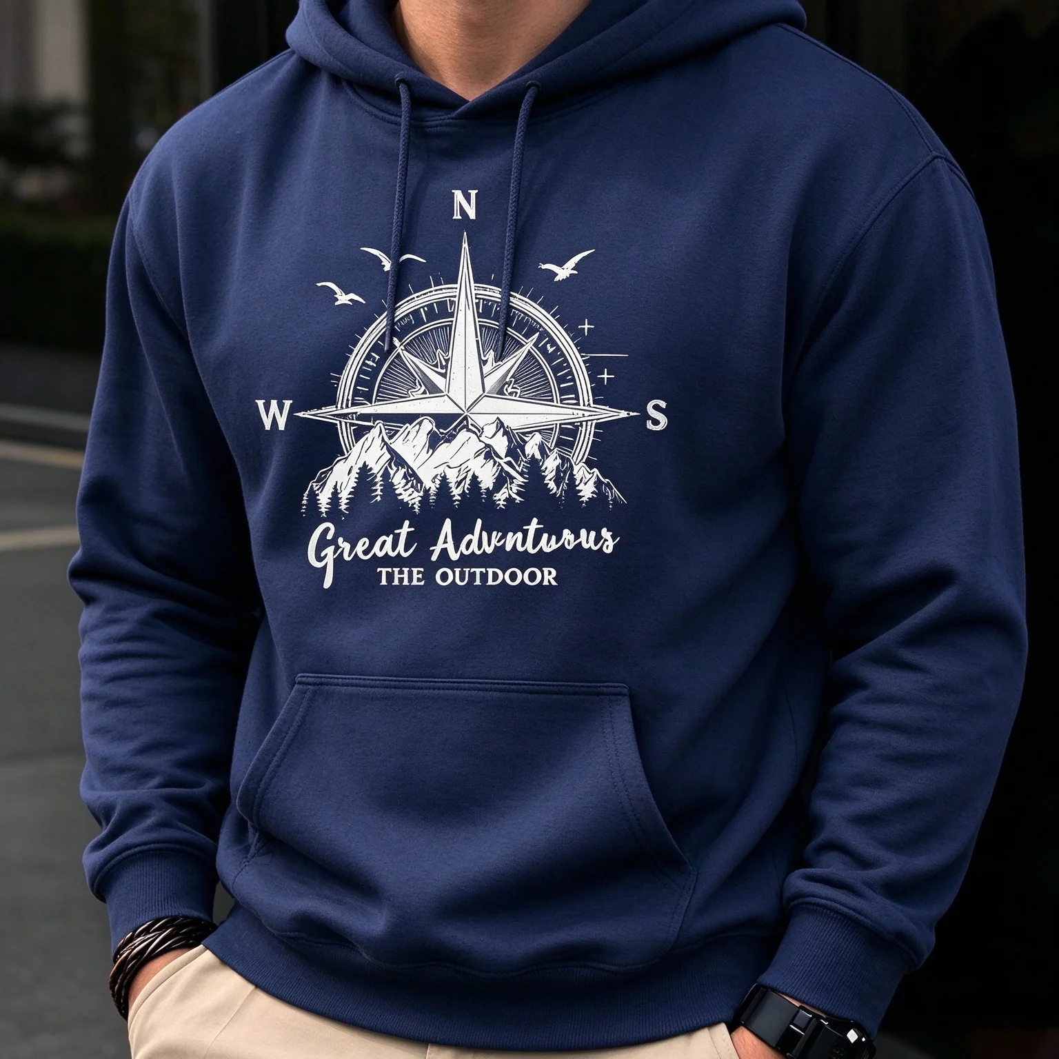 2627 Autumn Men's losslit Casual Fashionable Loose Retro Compass Mountain Pattern Printed Round sweatshirt Sleeved hoodies