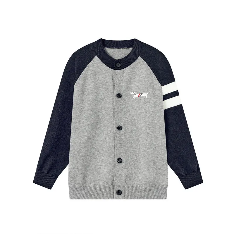 2026 Spring Autumn Boys Knit Cardigan Middle Kids Color Block Dog Embroidery Sweater Casual Long Sleeve Outerwear Top