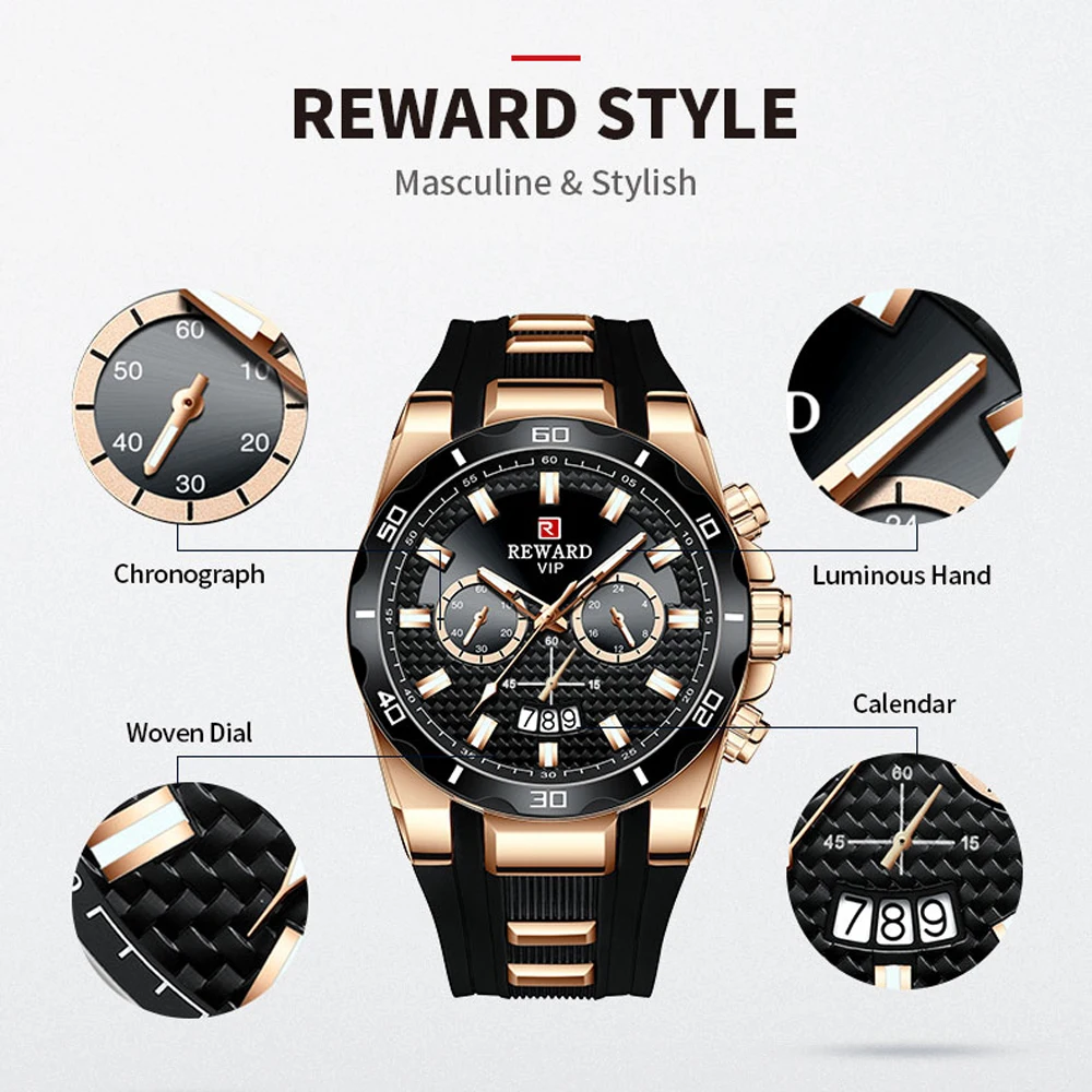 REWARD Chronograph Quartz Watch for Men Luxury Brand Big Dial Military Sport Wristwatch Waterproof Silicone Strap Male Clock