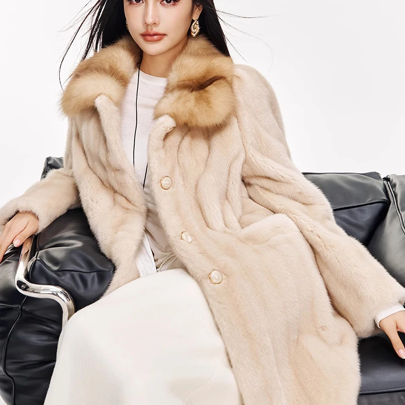 Ftangaiur New Winter Import Velvet Mink Fur Coat Sable Turn-Down Collar Mink Coat Women Medium Natural Real Mink Fur Coats
