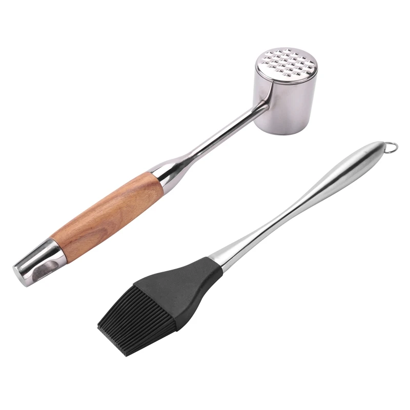 Double-Sided Meat Tenderizer Hammer With Non-Slip Wooden Handle, Steak Hammer With Silicone Oil Brush