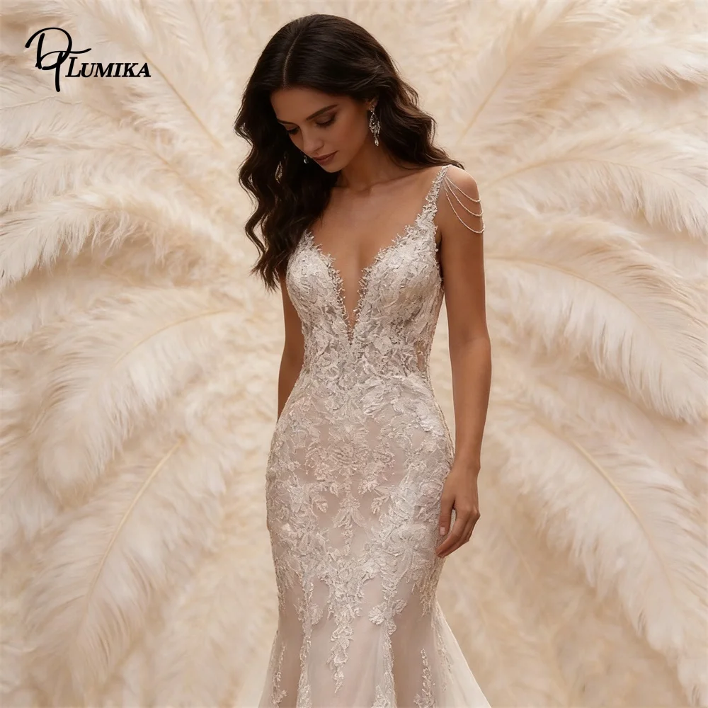 

DTLumika - Long Mermaid Wedding Dress for Bride 2026, Spaghetti Straps with Tassels Ivory Bridal Gown Plus Size Avaliable