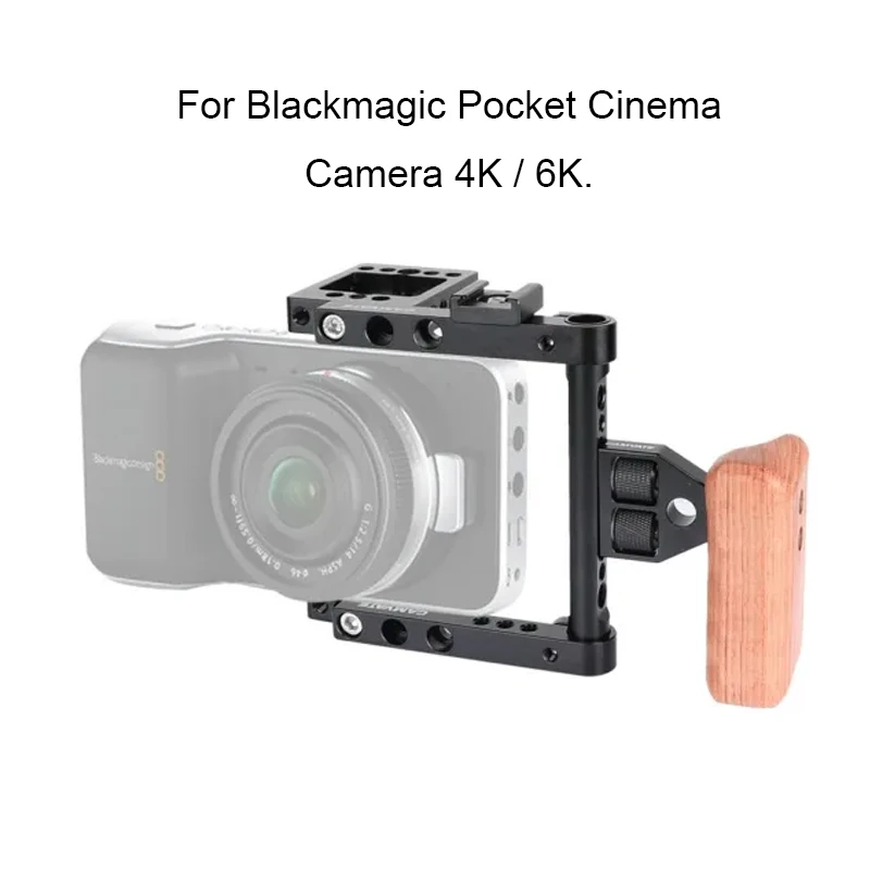 CAMVATE Camera Half Frame Cage Rig With Wooden Left-Side Handle Grip & Hot Shoe Mount Perfect For Blackmagic Pocket 4K Cameras