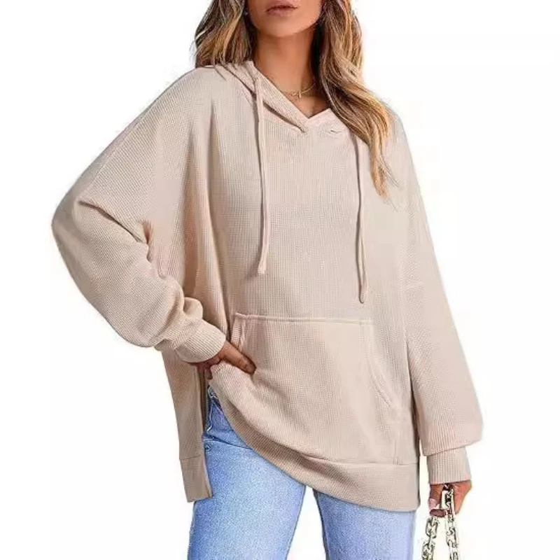 2024 Autumn/Winter Women's Hoodie Waffle Knitted Side Split Hooded Sweatshirt with Pocket Long Sleeve