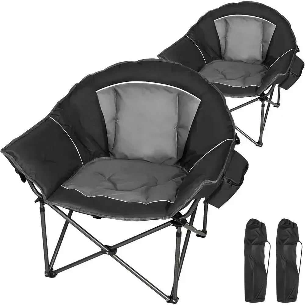 Oversized XXL Padded Camping Chairs for Adults, 500lbs Capacity, Thick Cushion Comfort, with Cooler and Side Pockets, Black