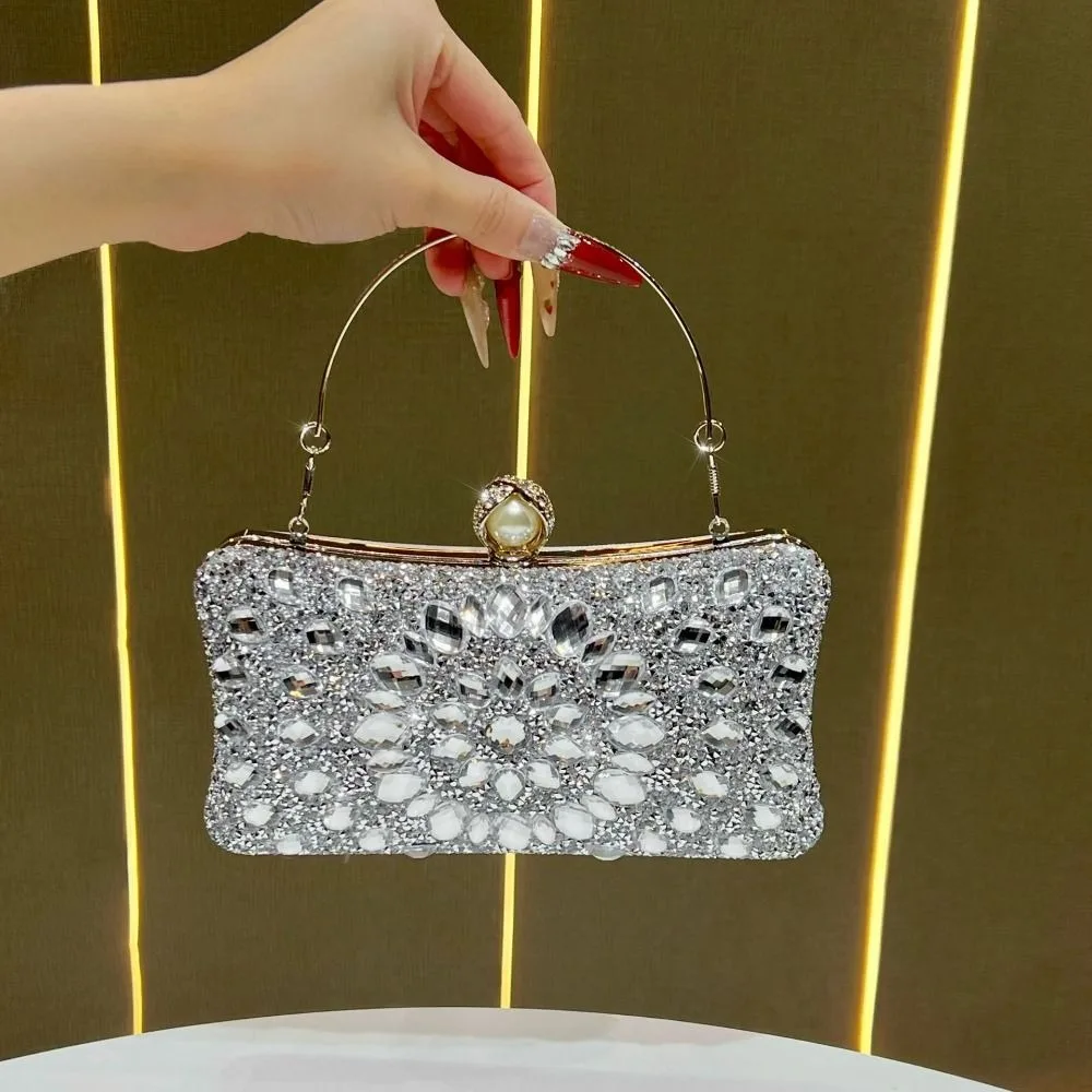 Women's Fashion Bling Rhinestone Evening Clutch Bag Pearl Clasp Sparkly Satin Clutch Handbag Chain Shoulder Bag Evening Occasion
