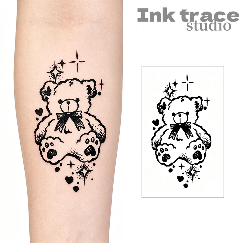 Cute Black Teddy Bear Temporary Tattoo Stickers Dot-Art Style Bows Little Bears Stars Hearts Water-Resistant Body Art Decals