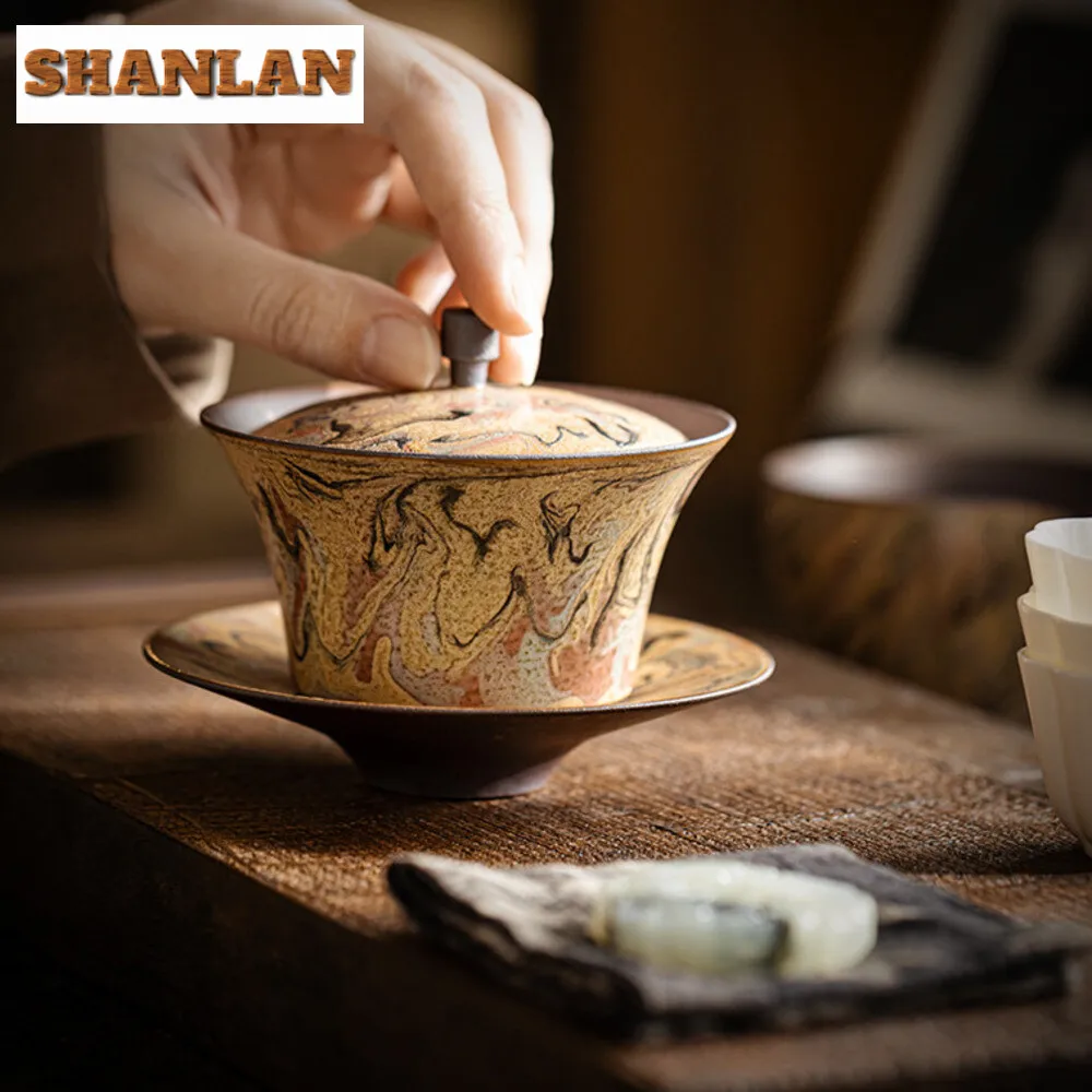 150ml Colored Mud Cover Bowl Dunhuang Oil Painting Gaiwan Handmade Tea Tureen Vintage Tea Maker Cha Kung Fu Teaware Decoration