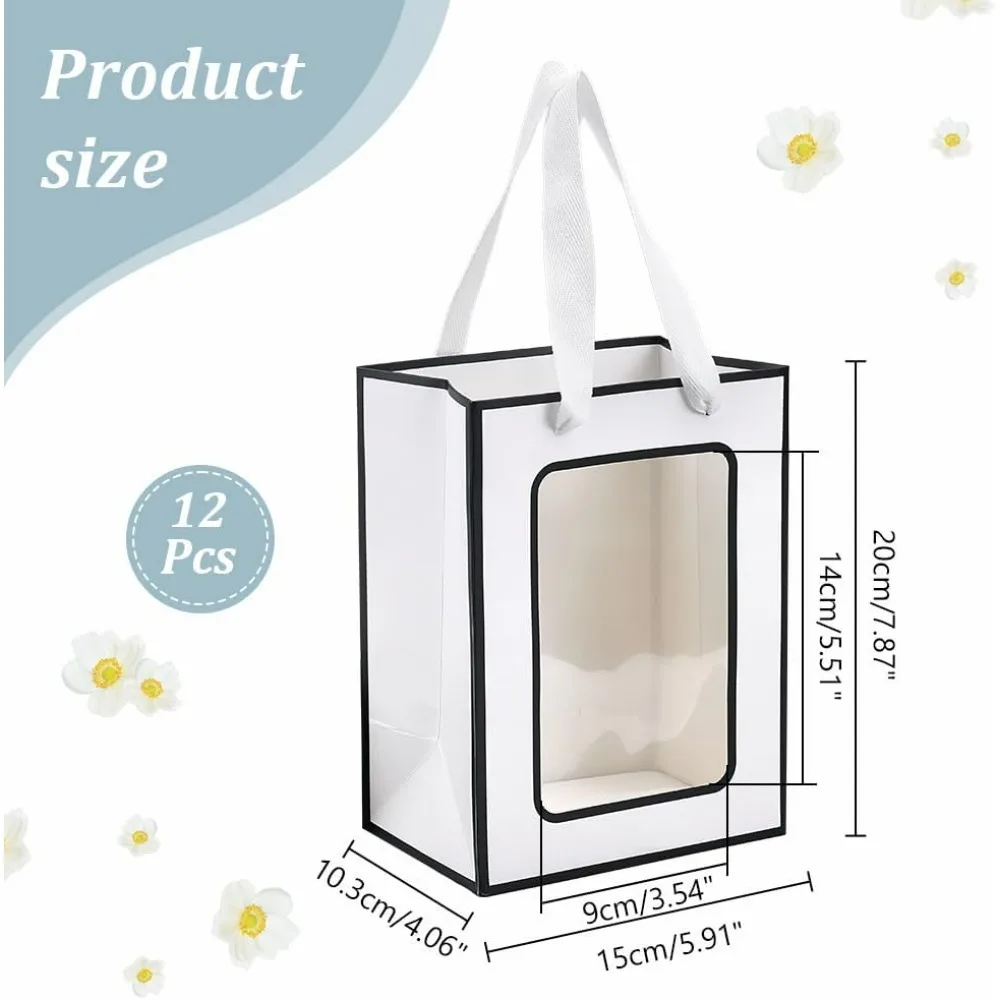 12 Pcs Kraft Paper Gift Bags with Clear Window 7.9x5.9x4.1inch Paper Gift Tote Bags with Handles Paper Shopping Bags