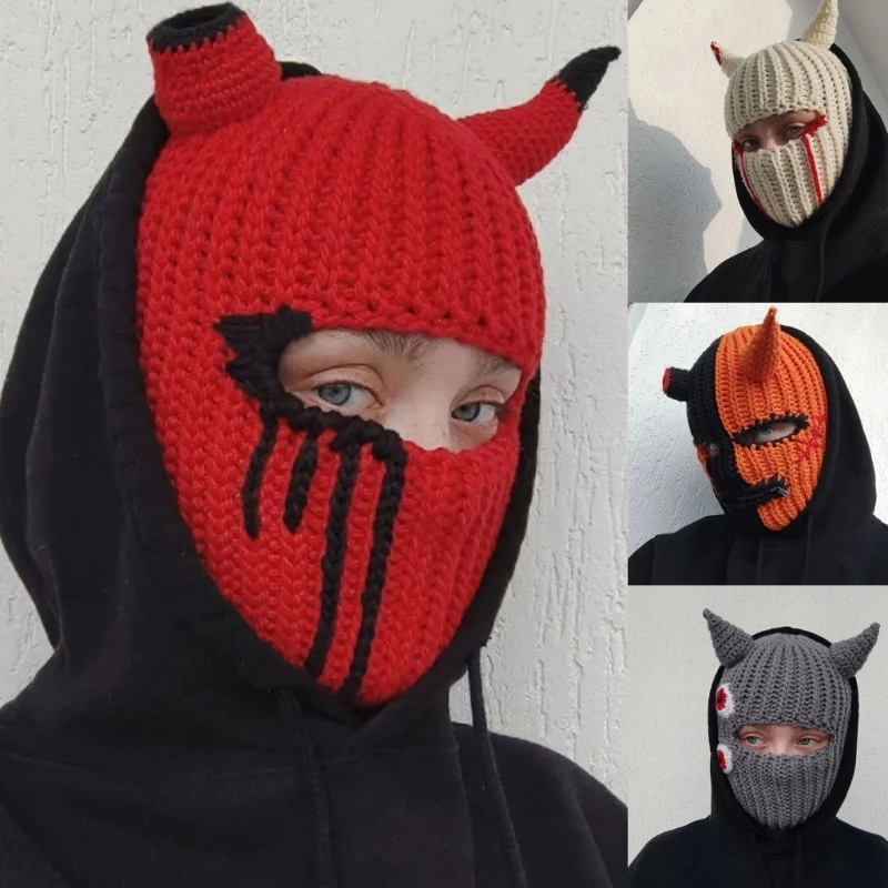 Funny Horns Knitted Hat Cosplay Halloween Masquerade Beanies Warm Full Face Cover Ski Mask Hat Windproof Helmet Trick Scare Prop