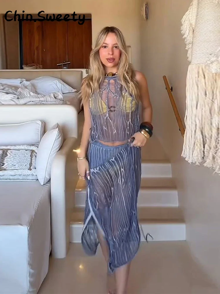 

Fashion Knitted Lace Up See Through Skirt Set Women O-neck Sleeveless Tops Low Waist Straight Skirt 2025 Summer Lady Chic Suit