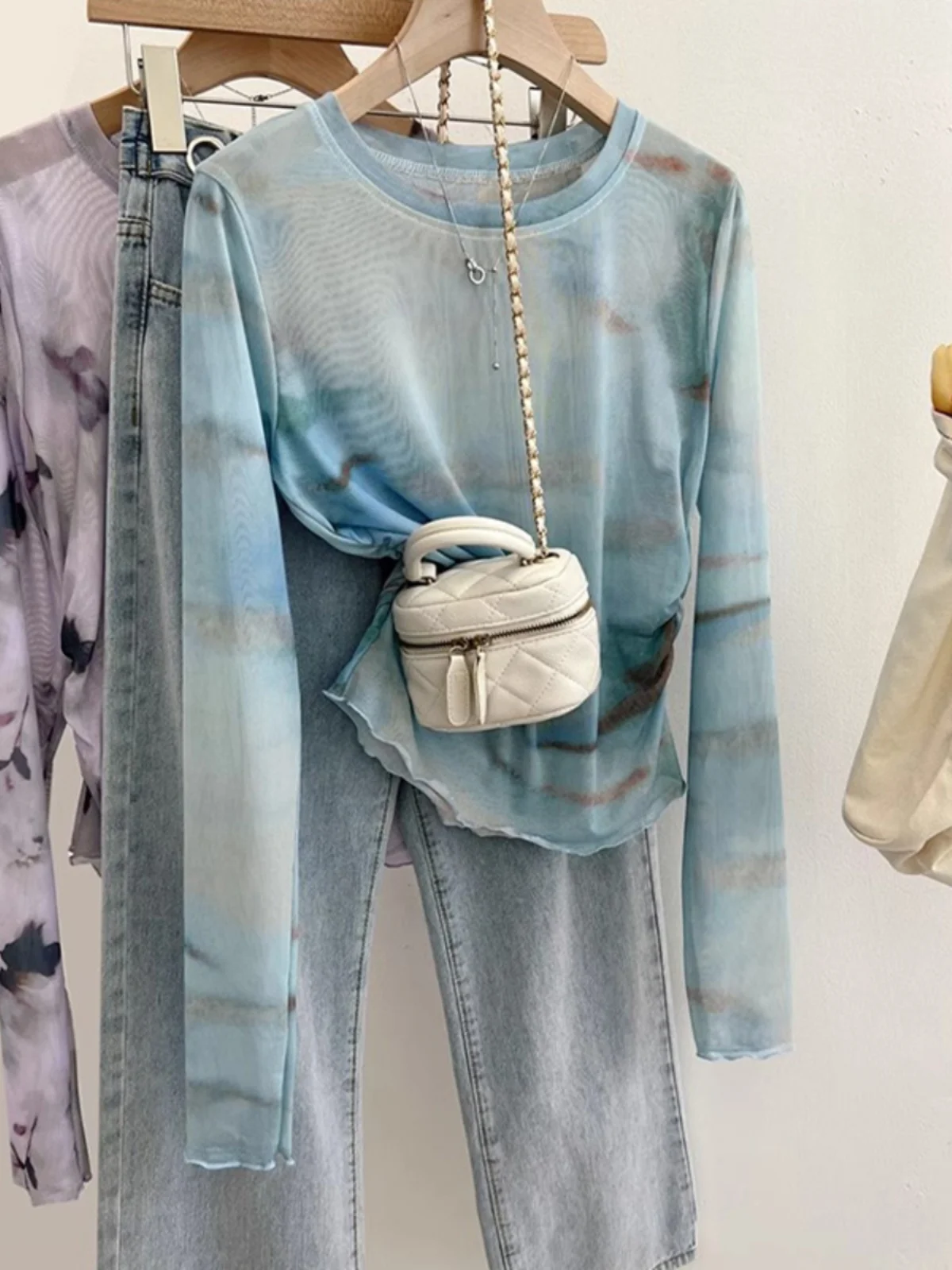 

Blue Tie-Dye Me Long Sve T-irt Women's Slim Fit Summer Thin Sun Protection irt Gathered Waist Top Korean Sle