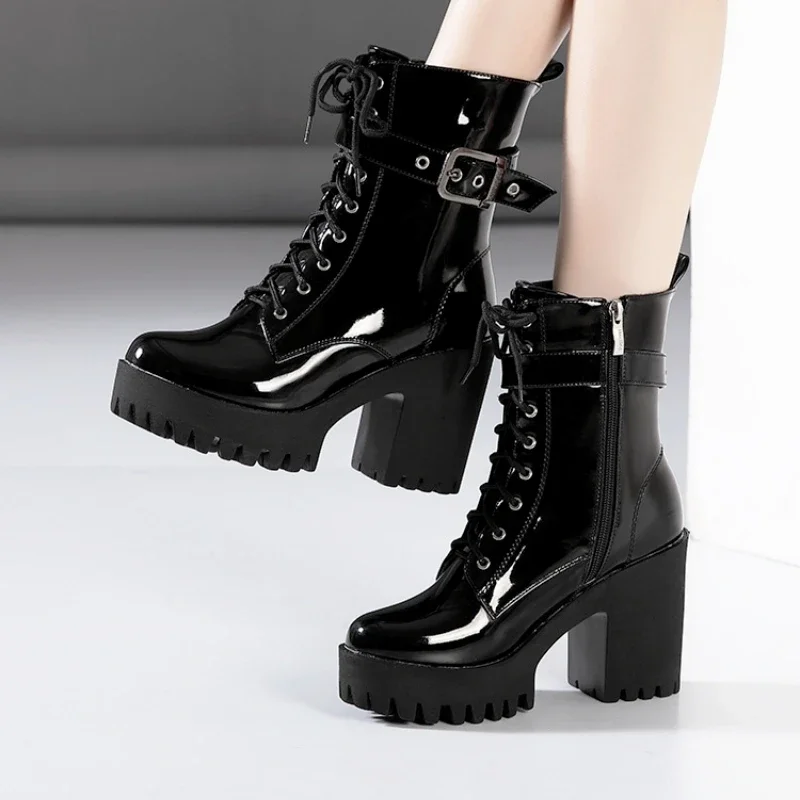 Small Size 32 33 34-43 Vintage Chunky Platform Shoes Winter 2024 Side Zip High Heels Motorcycle Ankle Boots with Warm Plush