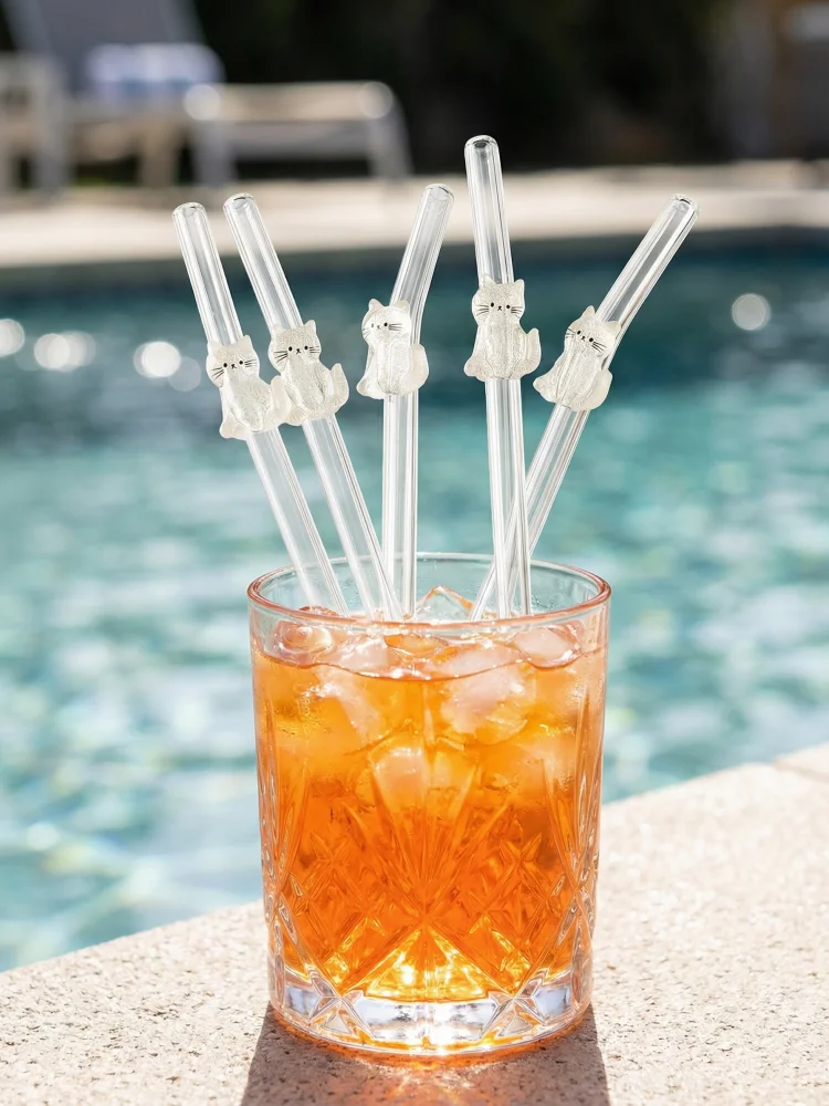 1/3/6PCS White Cat Curved Glass Straw, Reusable, Perfect for Drinks, Parties, Summer, Back to School. Cute Gift for Her, Him.